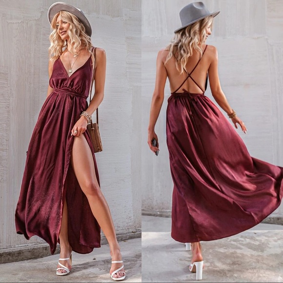 Sexy Backless Strappy Silky Tie Waist Maxi Dress Burgundy - Picture 2 of 7